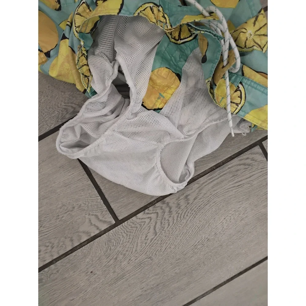 St Johns Bay Mens Lemon Print Swim Trunks‎ Teal Blue Mesh Lined Board Shorts S
